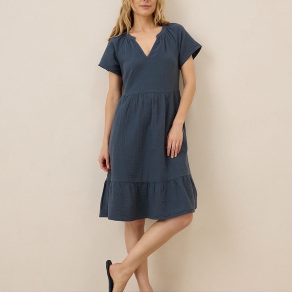 Pact 100% Organic Cotton Gauze French Blue V-Neck Tiered Midi Dress
